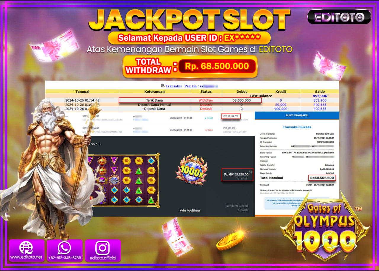JACKPOT SLOT Gates Of Olympus 1000 Rp.68.500.000.,- LUNAS