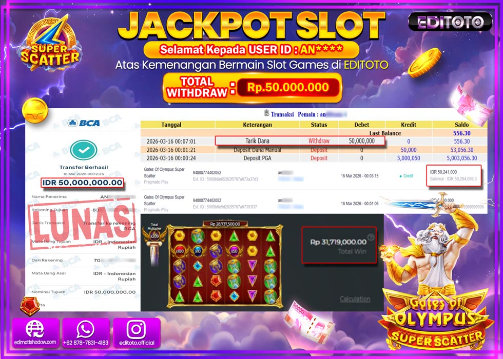 JACKPOT EDITOTO SLOT GATES OF OLYMPUS SUPER SCATTER Rp.50.000.000,- LUNAS