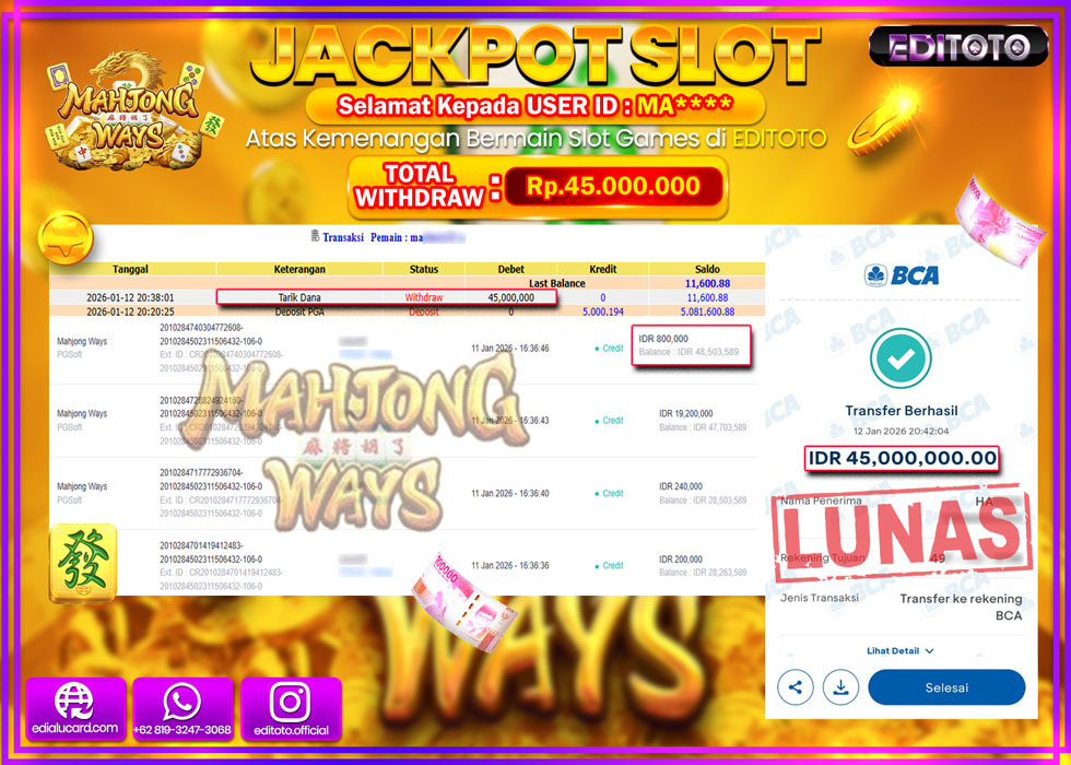 JACKPOT EDITOTO SLOT MAHJONG WAYS Rp.45.000.000,- LUNAS