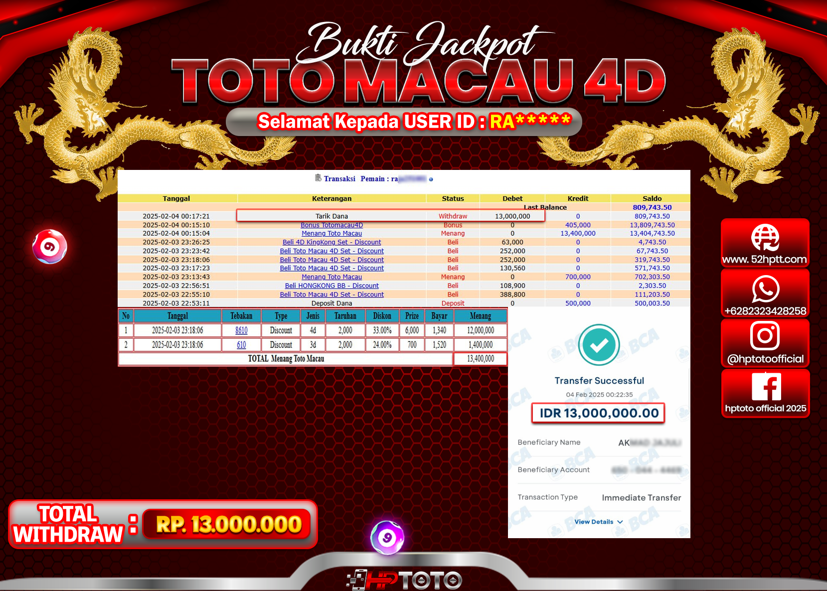 JACKPOT TOGEL PASARAN TOTOMACAU Rp.13.000.000.,- LUNAS
