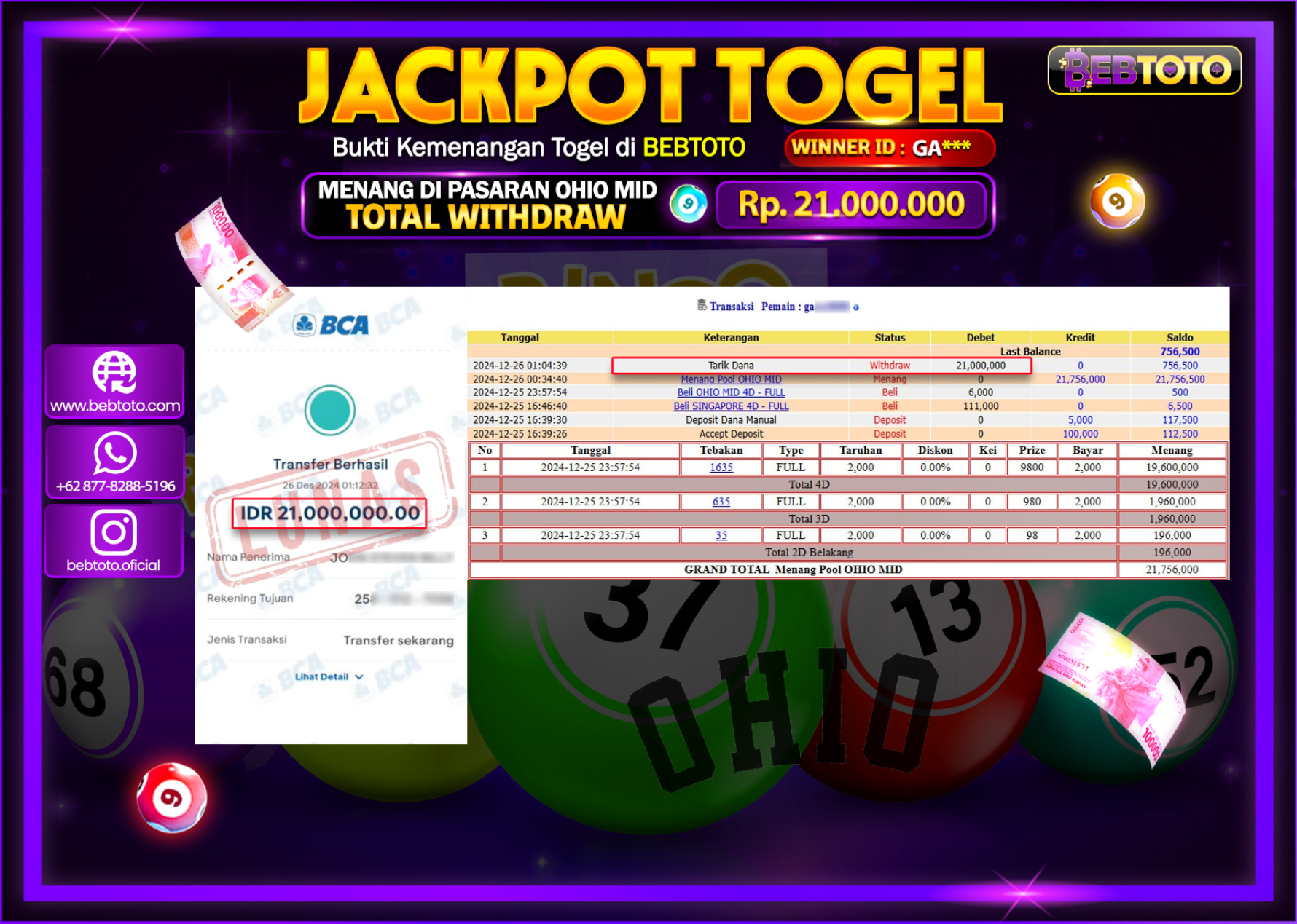 JACKPOT TOGEL BEBTOTO OHIO MID 4D Rp.21,000,000.,- LUNAS