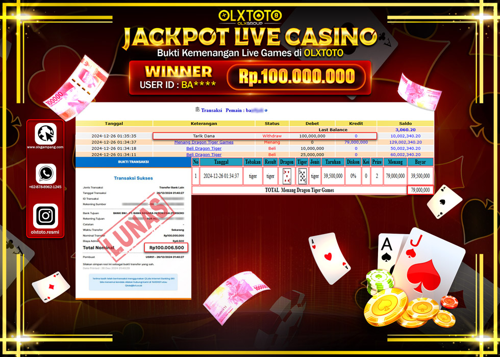 OLXTOTO JACKPOT  LIVE GAMES DRAGON TIGER  Rp.100.000.000.,- LUNAS