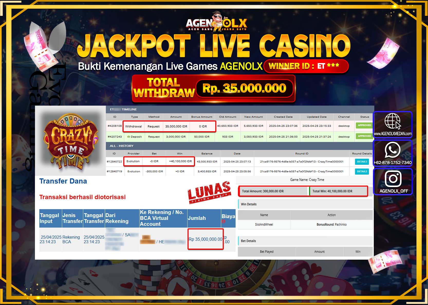 AGENOLX JACKPOT LIVE CASINO CRAZY TIME   Rp 35.000.000,- LUNAS