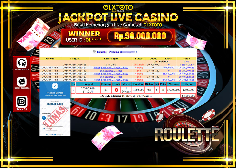 OLXTOTO JACKPOT  LIVE GAMES ROULETTE 2 Rp.90.000.000.,- LUNAS