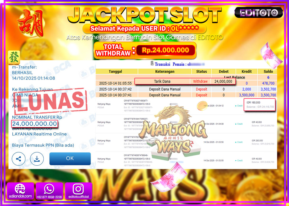 JACKPOT EDITOTO SLOT MAHJONG WAYS  Rp.24.000.000,- LUNAS 