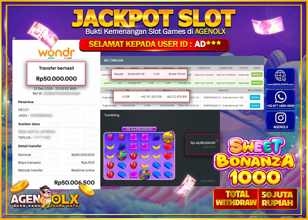 AGENOLX JACKPOT SLOT SWEET BONANZA 1000  Rp 50.000.000,- LUNAS