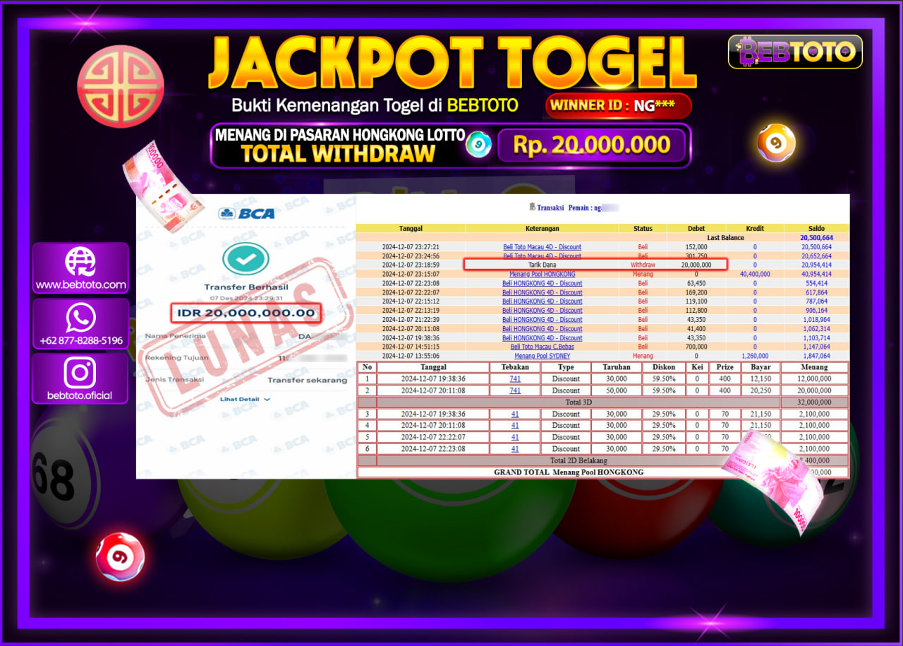 JACKPOT TOGEL BEBTOTO HONGKONG LOTTO Rp.20.000.000.,- LUNAS