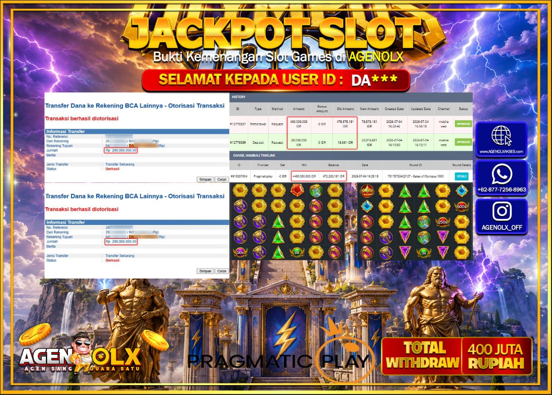 AGENOLX JACKPOT SLOT GATE OF OLYMPUS 1000  Rp 400.000.000- LUNAS