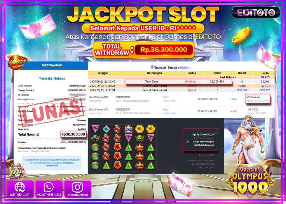 JACKPOT EDITOTO SLOT GATES OF OLYMPUS 1000 Rp.36.300.000,- LUNAS 