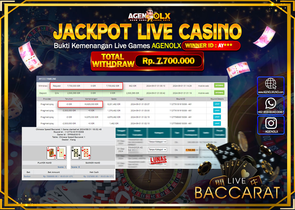 AGENOLX JACKPOT LIVE CASINO BACCARAT Rp.7.700.000,- LUNAS