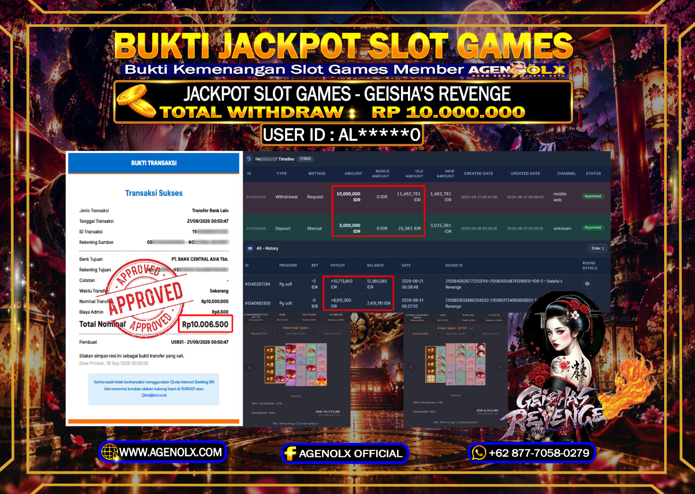 AGENOLX JACKPOT SLOT GEISHA S REVENGE  RP 10.000.000 - LUNAS