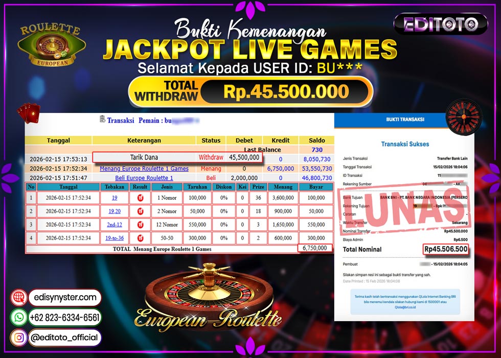 JACKPOT EDITOTO LIVE GAMES EUROPEAN ROULETTE GAMES Rp. 45.500.000.,- LUNAS