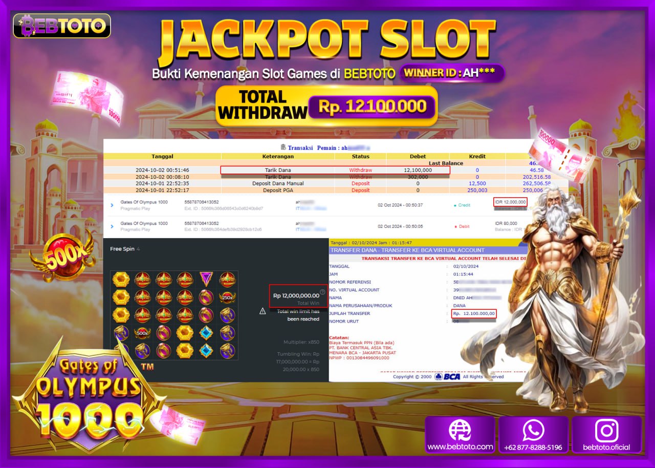 JACKPOT SLOT BEBTOTO GATES OF OLYMPUS 1000 Rp.12.100.000.,- LUNAS