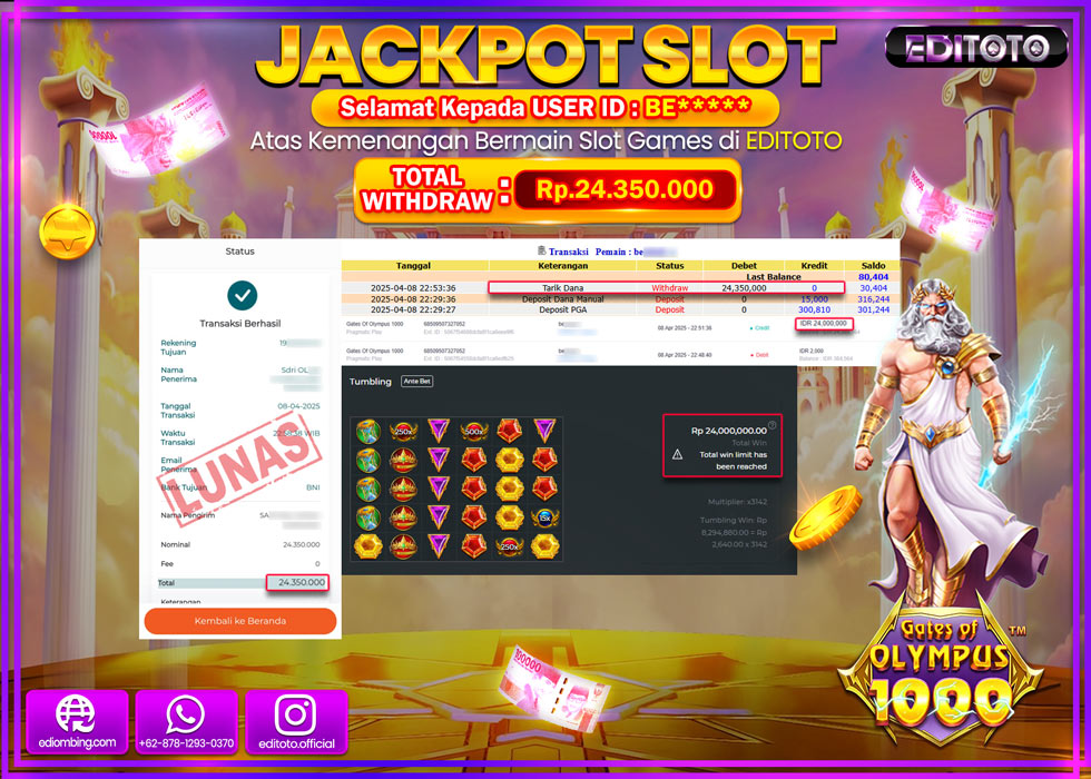 JACKPOT SLOT GATES OF OLYMPUS 1000 Rp.24.350.000,- LUNAS