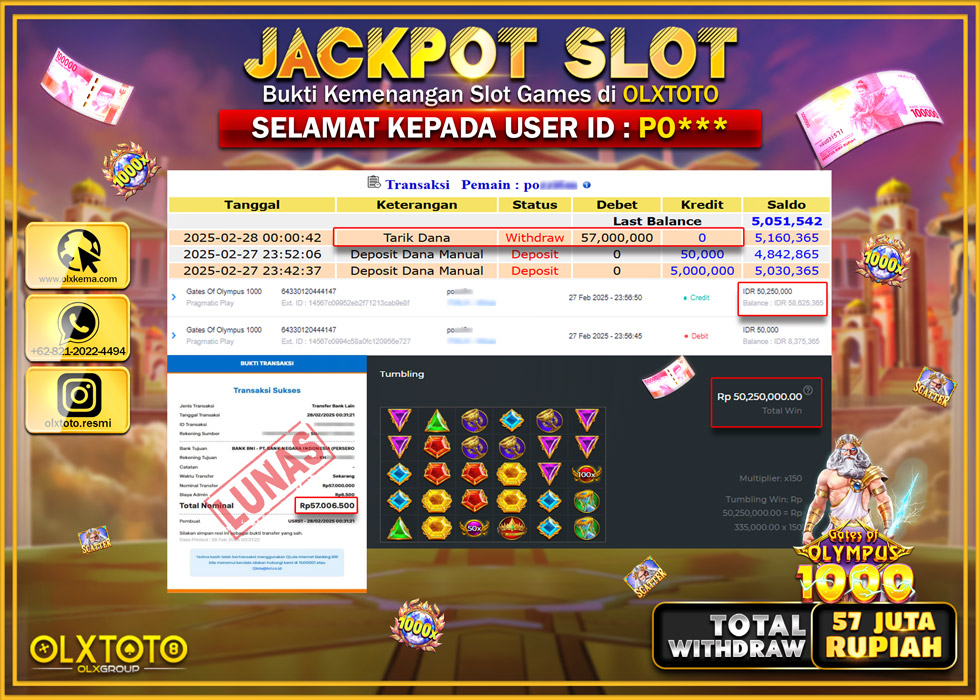 OLXTOTO JACKPOT GATE OF OLYMPUS 1000 Rp.57.000.000.,- LUNAS
