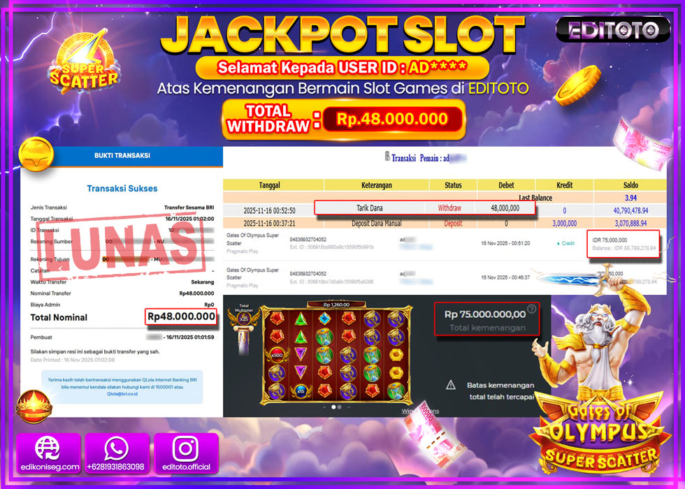 JACKPOT EDITOTO SLOT GATES OF OLYMPUS SUPER SCATTER  Rp.48.000.000,- LUNAS  