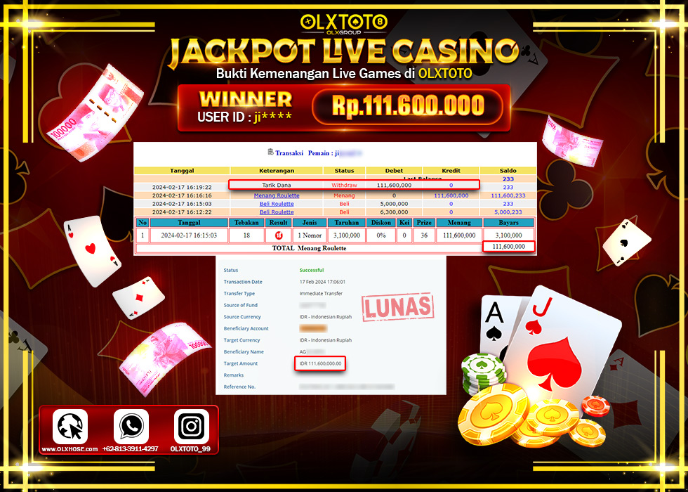 OLXTOTO JACKPOT LIVE GAMES ROULETTE Rp.111.600.000.,- LUNAS
