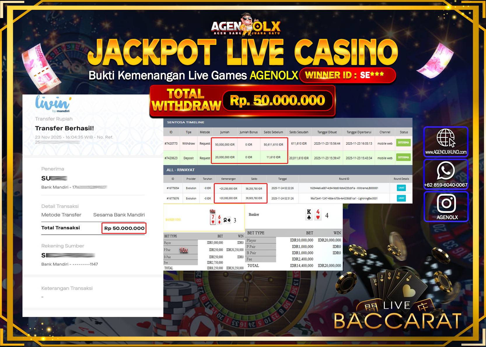 AGENOLX JACKPOT LIVE CASINO BACCARAT Rp 50,000,000,- LUNAS