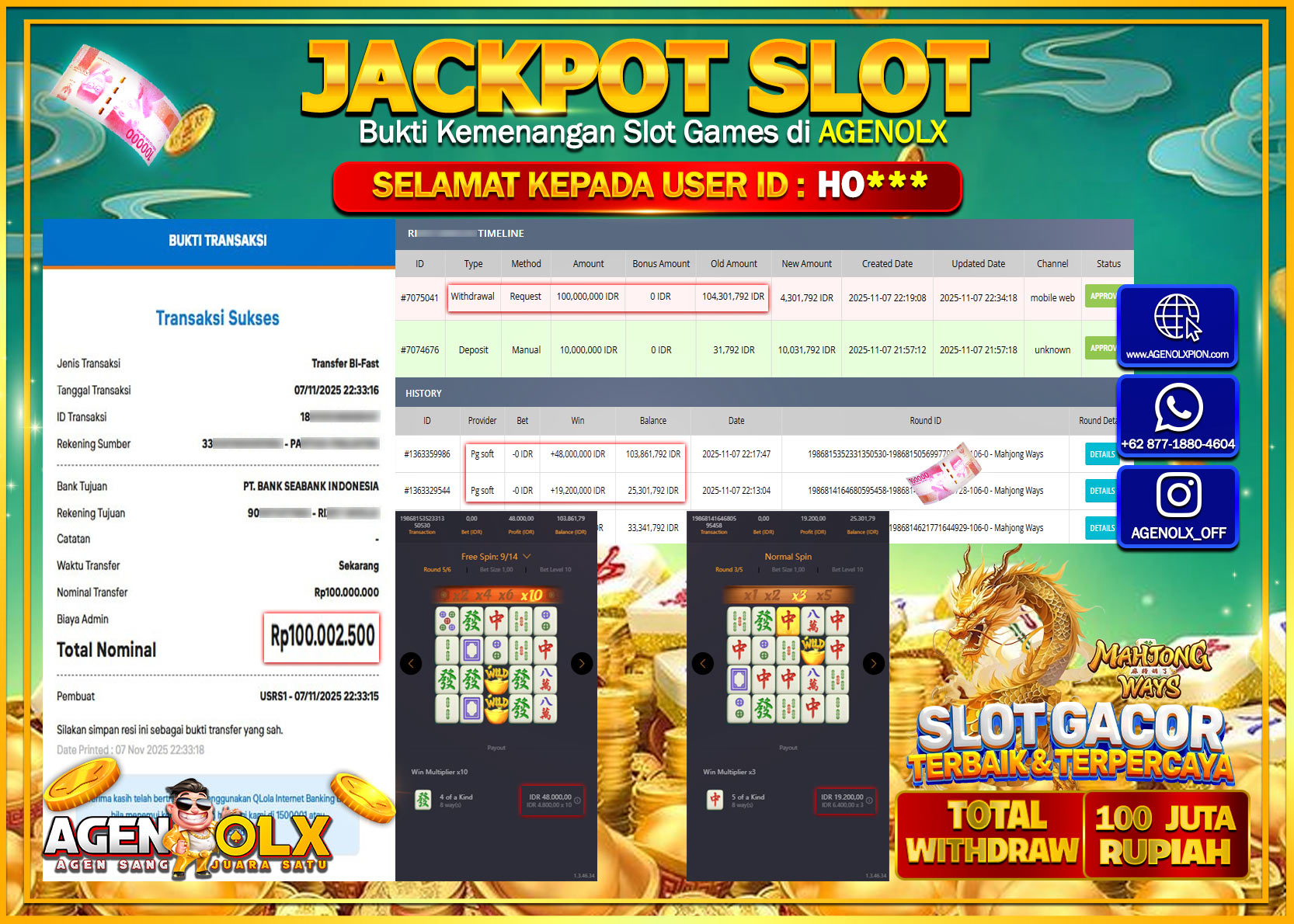 AGENOLX JACKPOT SLOT MAHJONG WAYS   Rp 100,000,000,- LUNAS