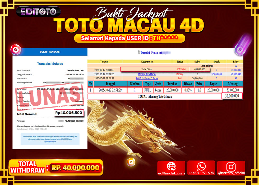 JACKPOT EDITOTO TOGEL PASARAN TOTO MACAU 4D Rp.40.000.000.,- LUNAS