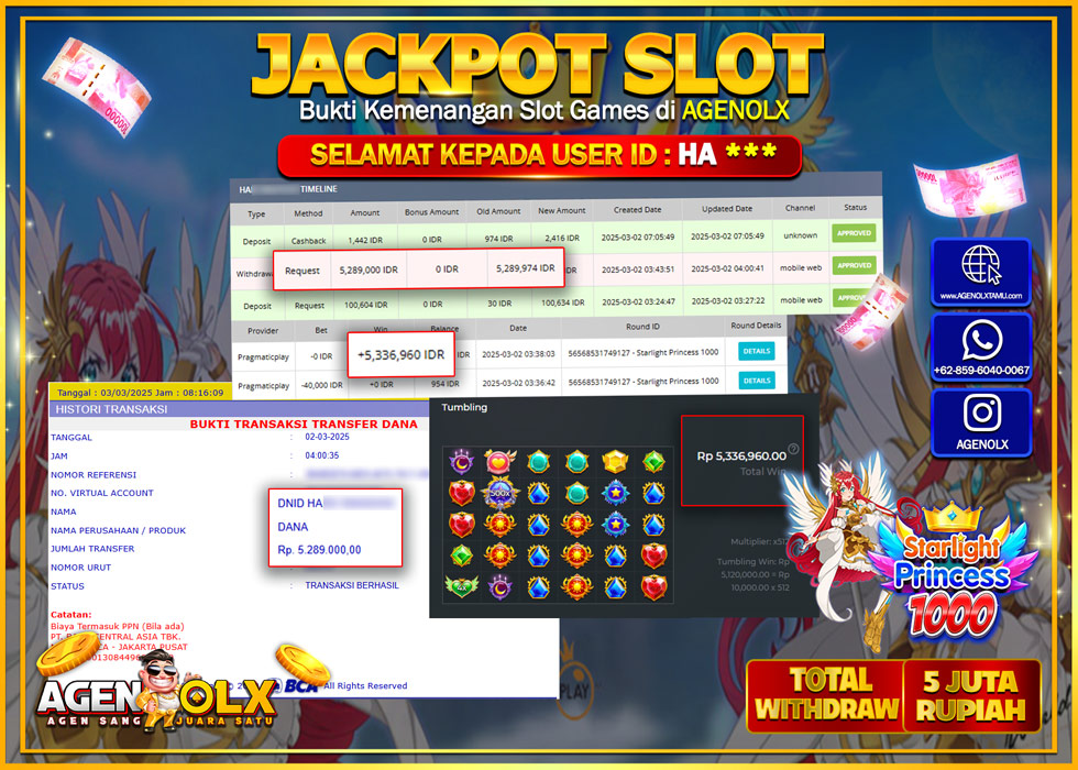 AGENOLX JACKPOT SLOT STARLIGHT PRINCESS 1000 Rp 5.000.000,- LUNAS