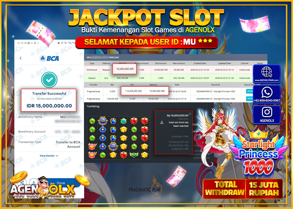 AGENOLX JACKPOT SLOT STARLIGHT PRINCESS 1000 Rp 15.000.000,- LUNAS