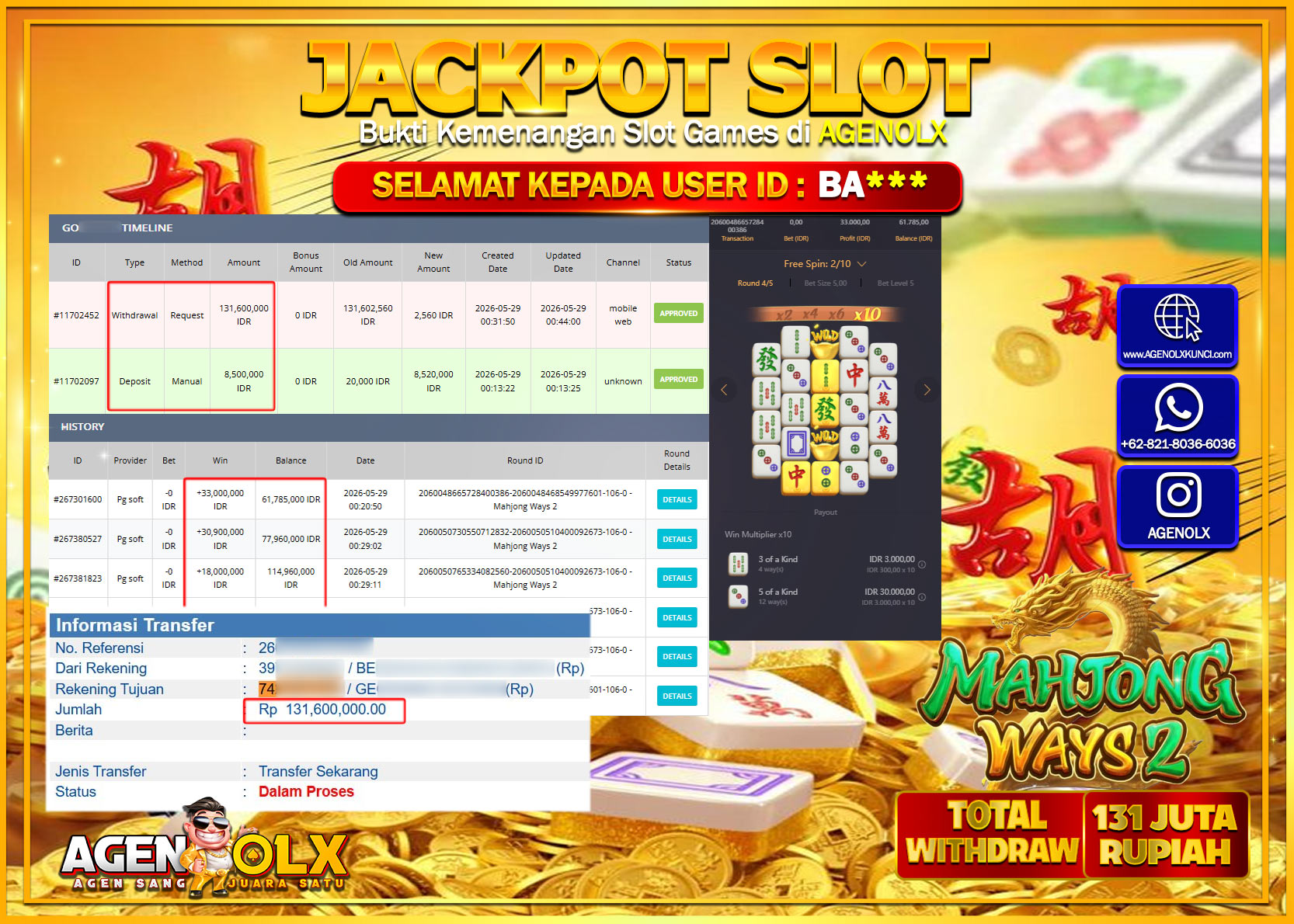 AGENOLX JACKPOT SLOT MAHJONG WAYS 2 Rp 131.600.000 - LUNAS
