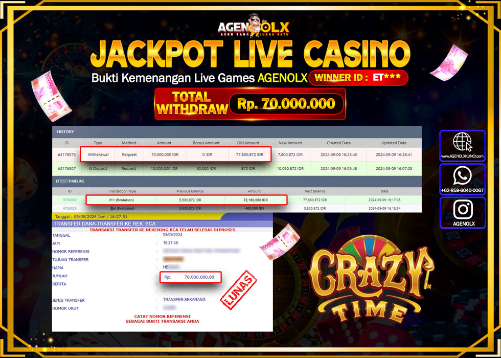 AGENOLX JACKPOT LIVE CASINO CRAZY TIME Rp.70.000.000,- LUNAS