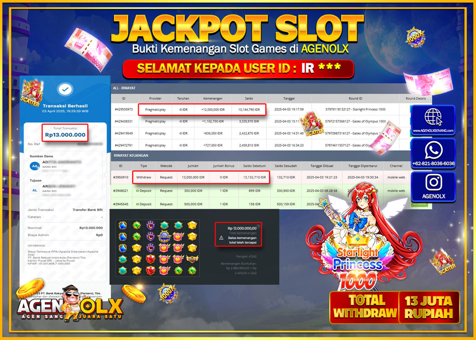 AGENOLX JACKPOT SLOT STARLIGHT PRINCESS 1000 Rp 13.000.000,- LUNAS