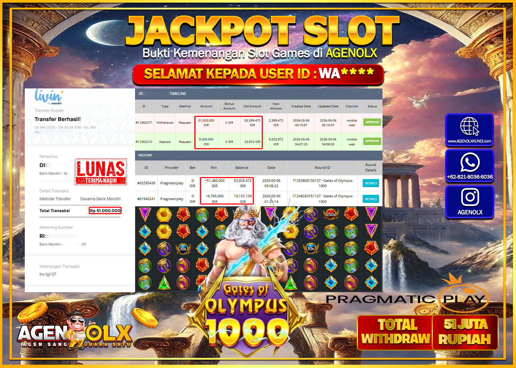 AGENOLX JACKPOT SLOT GATES OF OLYMPUS 1000 Rp 51.000.000 - LUNAS