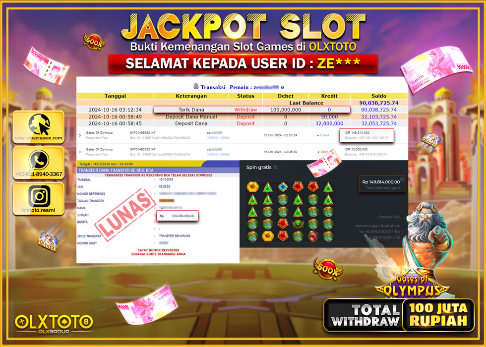 OLXTOTO JACKPOT  SLOT GATES OF OLYMPUS Rp.100.000.000.,- LUNAS