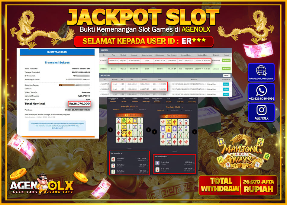 AGENOLX JACKPOT SLOT MAHJONG WAYS Rp 26,070,000,- LUNAS