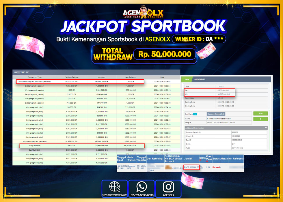 AGENOLX JACKPOT  SPOORTBOOK   Rp.50.000.000,- LUNAS