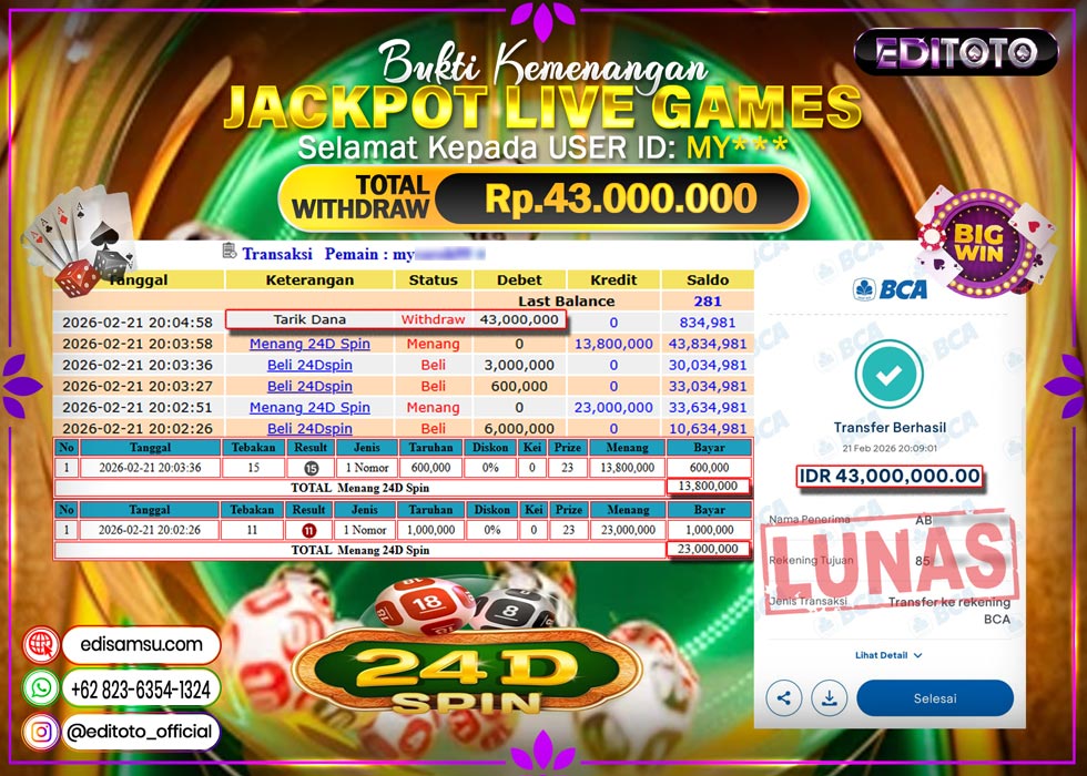 JACKPOT EDITOTO LIVE GAMES 24D SPIN Rp. 43.000.000.,- LUNAS