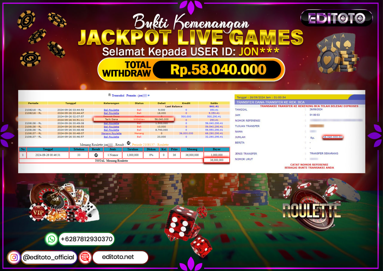 JACKPOT LIVE GAME BACCARAT Rp.58.040.000.,- LUNAS