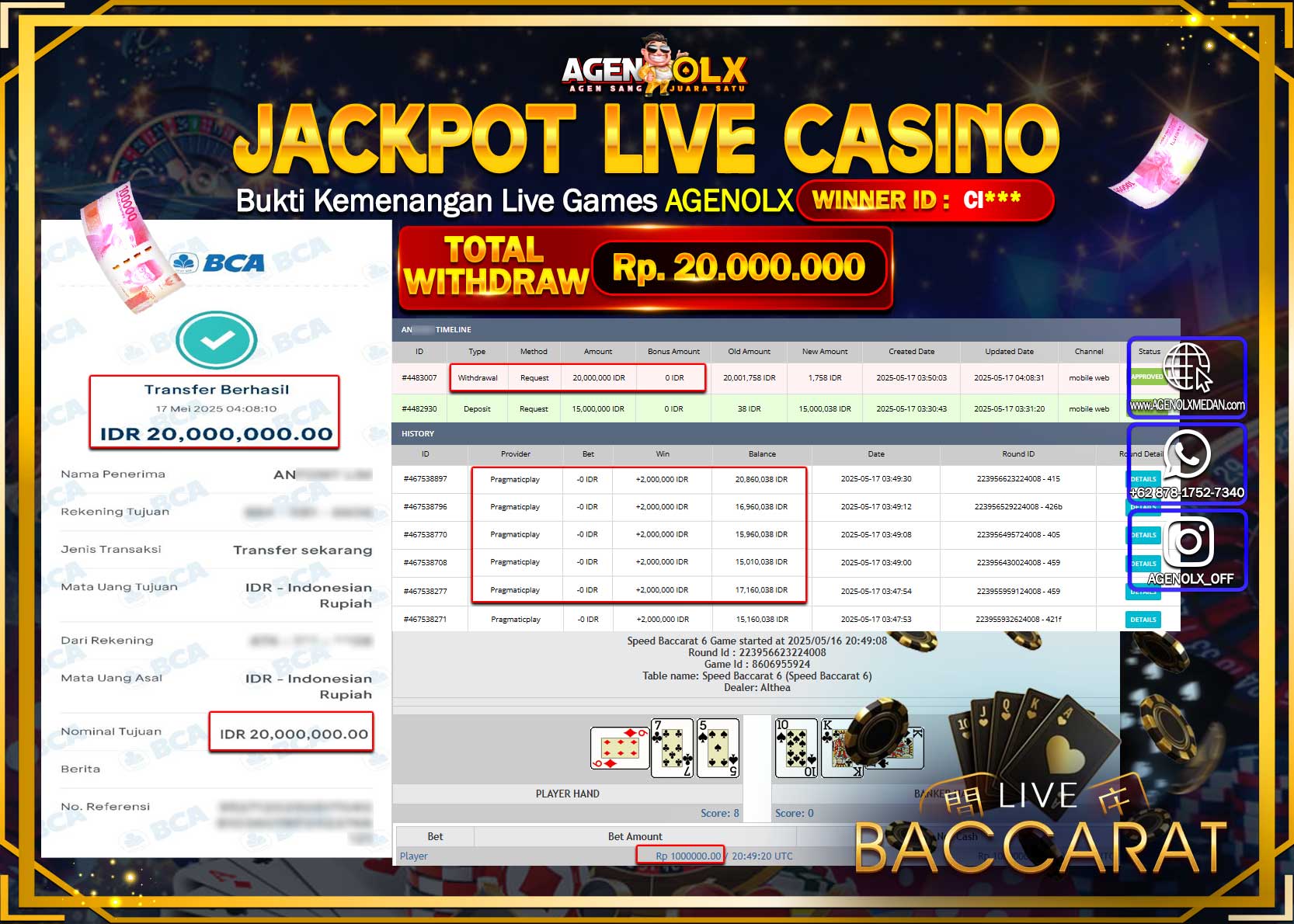 AGENOLX JACKPOT LIVE CASINO SPEED BACCARAT 6 Rp 20.000.000,- LUNAS