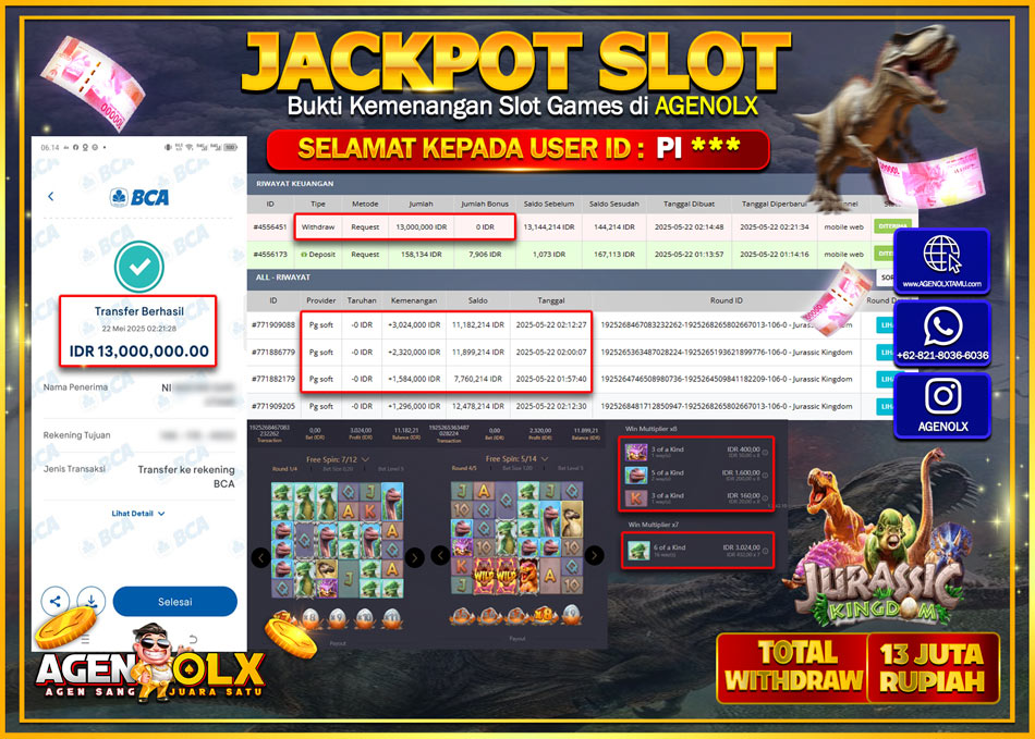 AGENOLX JACKPOT JURASSIC KINGDOM Rp 13.000.000,- LUNAS