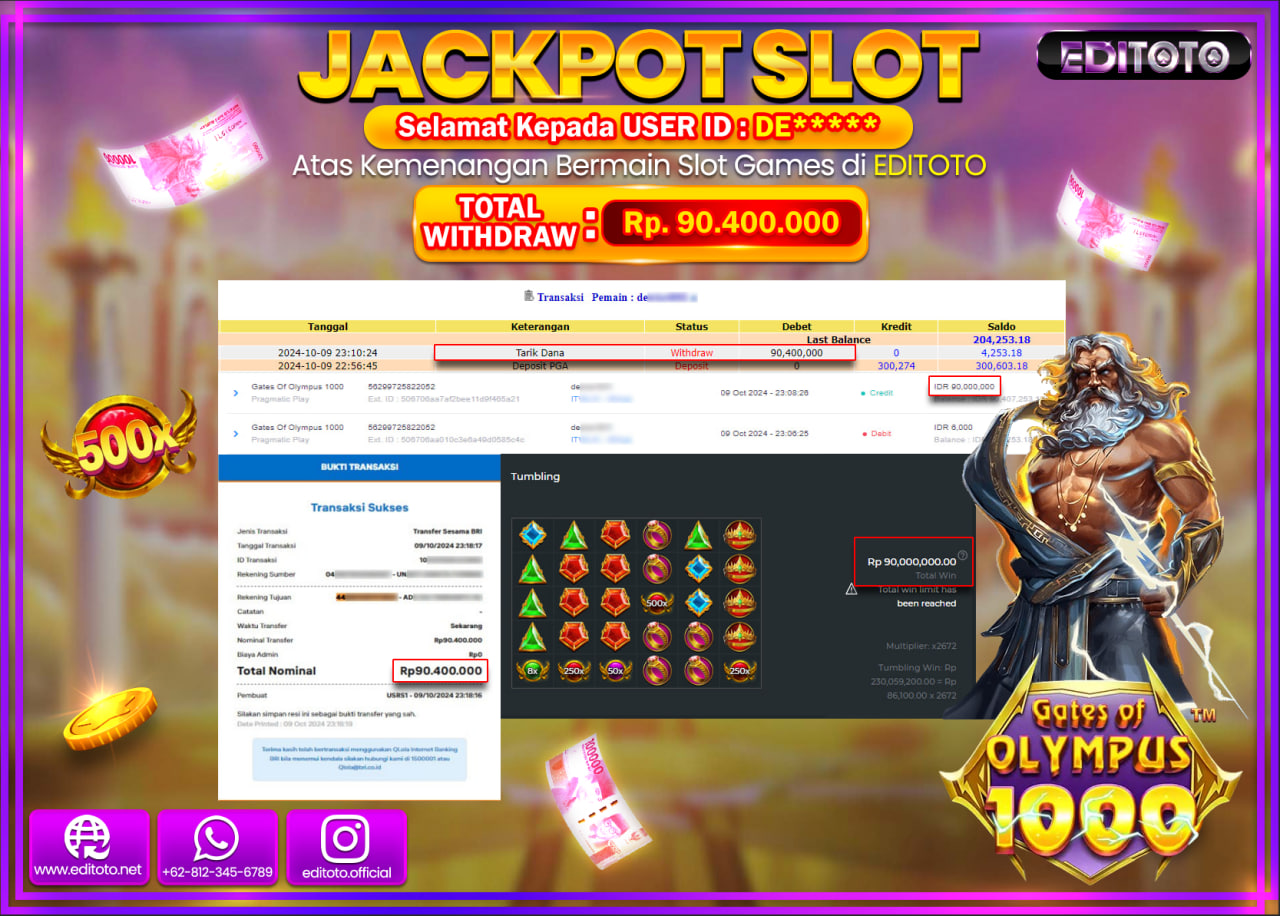 JACKPOT SLOT Gates Of Olympus 1000 Rp.90.400.000.,- LUNAS