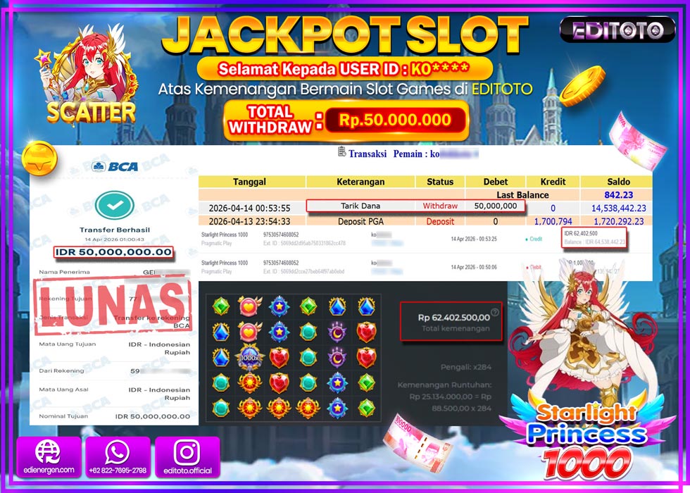 JACKPOT EDITOTO SLOT STARLIGHT PRINCESS 1000 Rp.50.000.000,- LUNAS