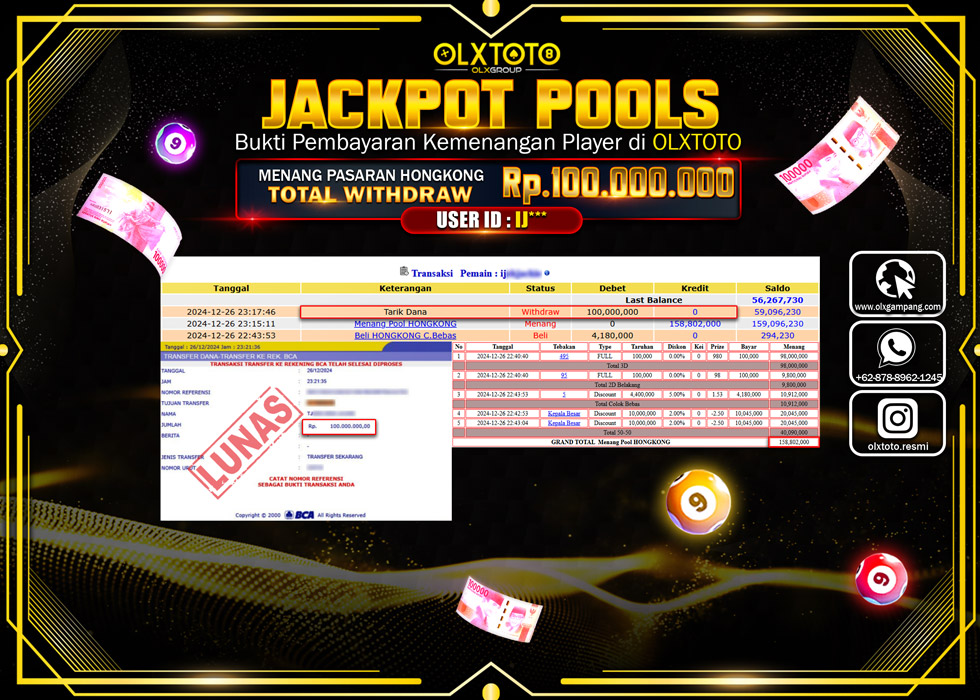OLXTOTO JACKPOT  TOGEL POOL HONGKONG Rp.100.000.000.,- LUNAS