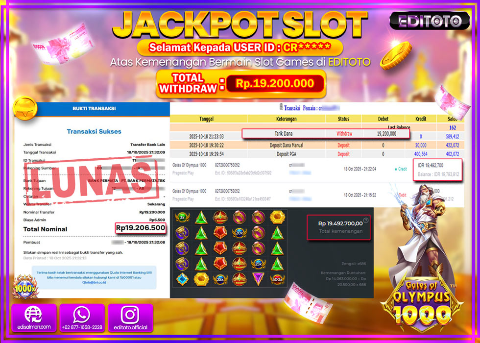 JACKPOT EDITOTO SLOT GATES OF OLYMPUS 1000  Rp.19.200.000,- LUNAS  