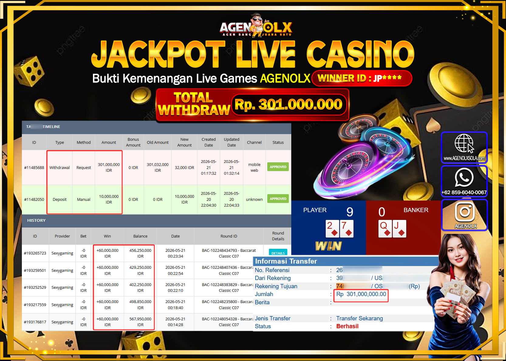 AGENOLX JACKPOT LIVE CASINO BACCARAT CLASSIC C03 Rp 301.000.000 - LUNAS