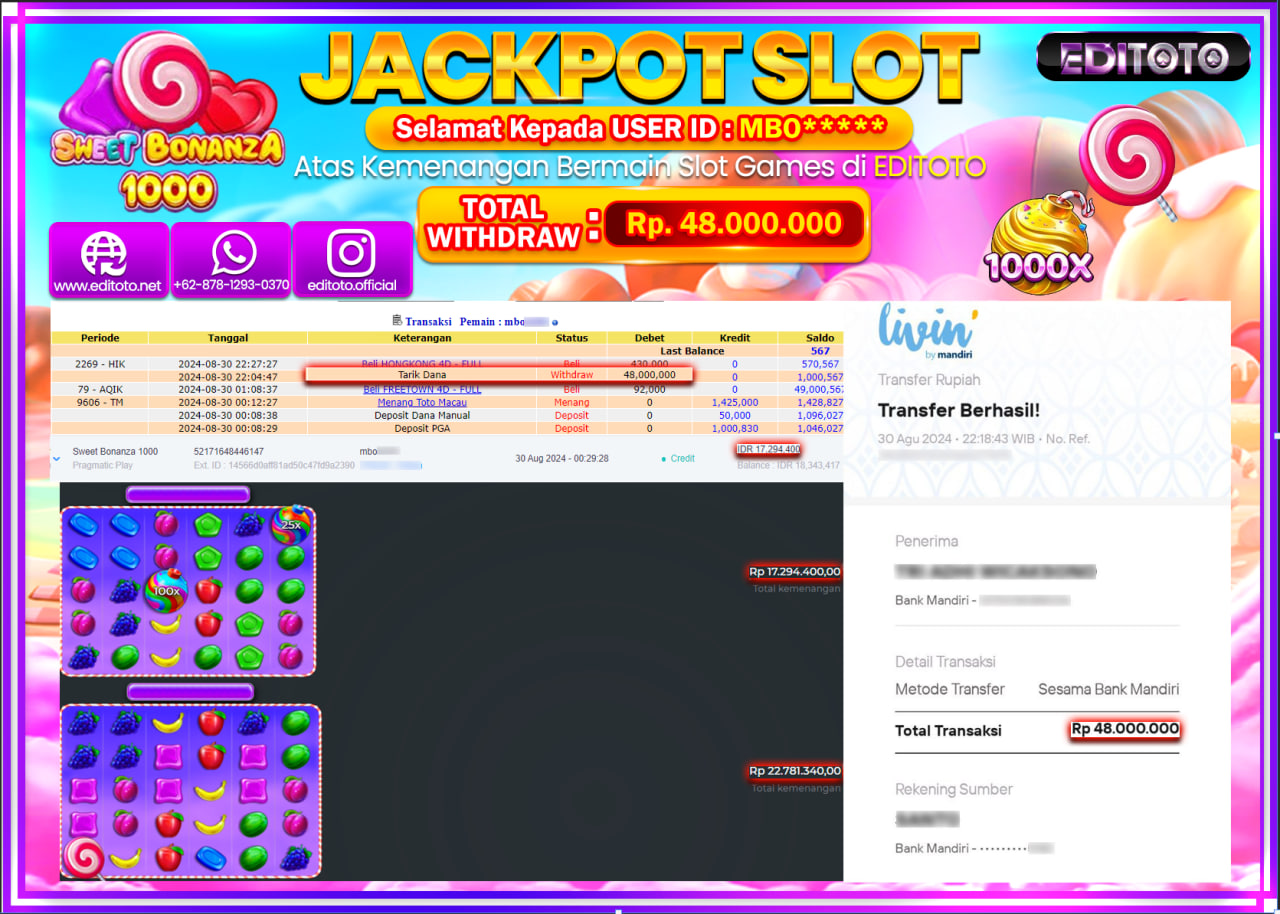 JACKPOT SLOT SWEET BONANZA 1000   Rp.48.000.000.,- LUNAS