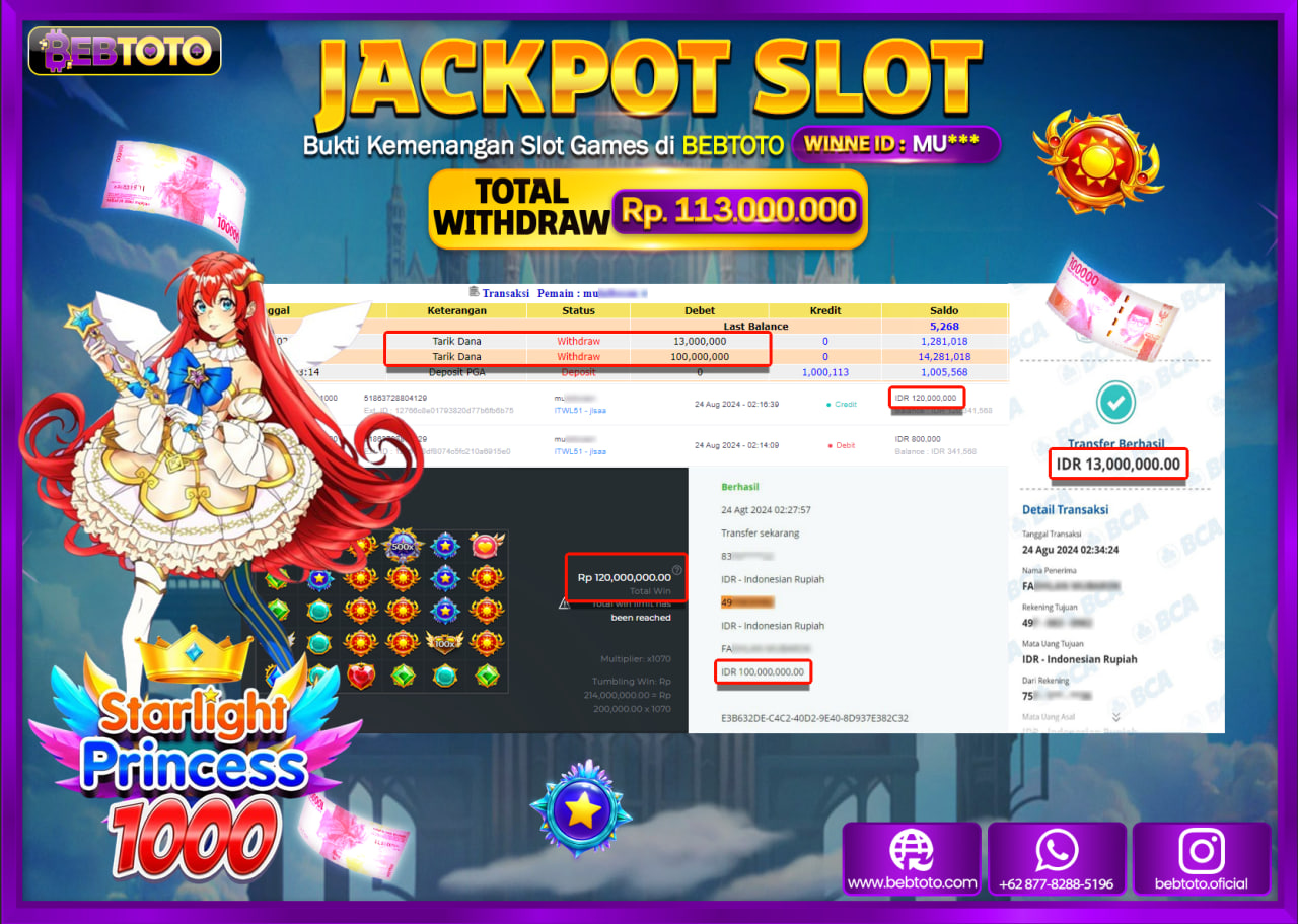 JACKPOT SLOT BEBTOTO Starlight Princess 1000 Rp.113.000.000.,- LUNAS