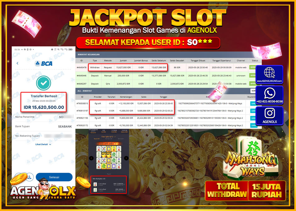AGENOLX JACKPOT SLOT MAHJONG WAYS  Rp 15.620.500,- LUNAS