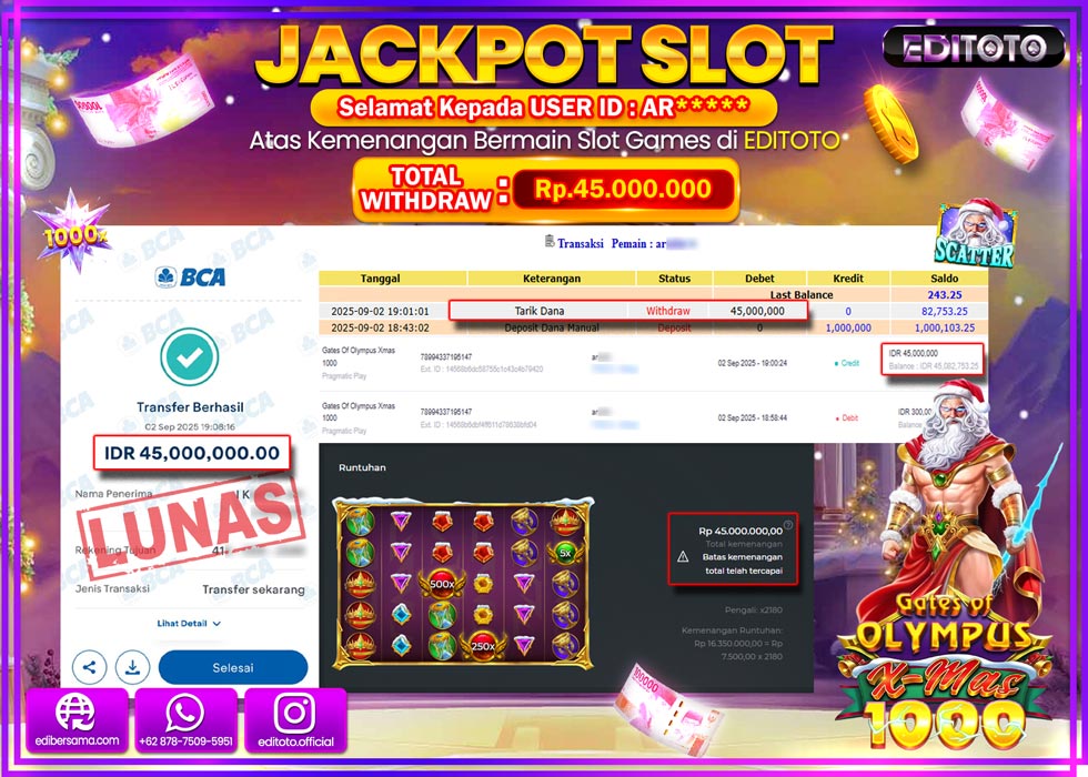 JACKPOT EDITOTO SLOT GATES OF OLYMPUS XMAS 1000 Rp.45.000.000,- LUNAS 