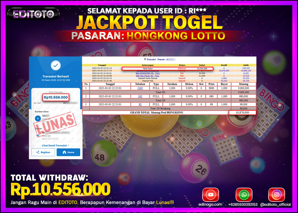 JACKPOT TOGEL PASARAN HONGKONG LOTTO Rp.10.556.000.,- LUNAS