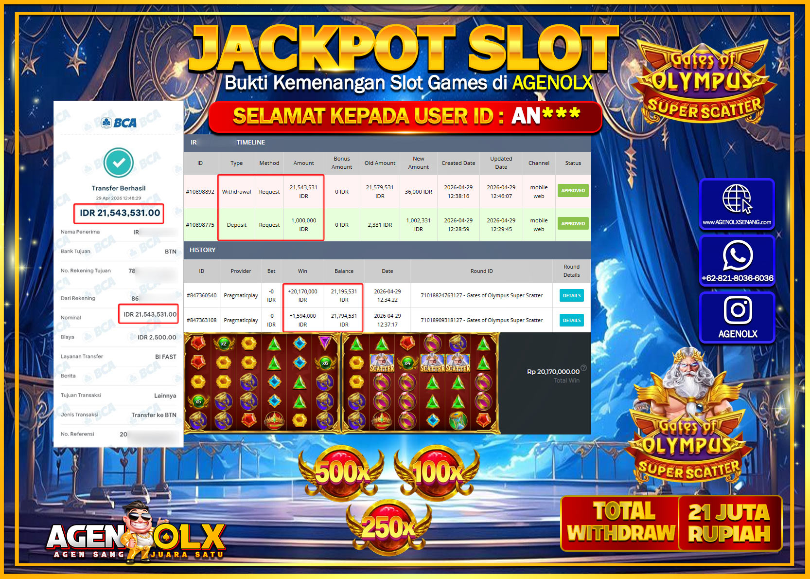 AGENOLX JACKPOT SLOT GATES OF OLYMPUS SUPER SCATTER  Rp 21.543.531 - LUNAS