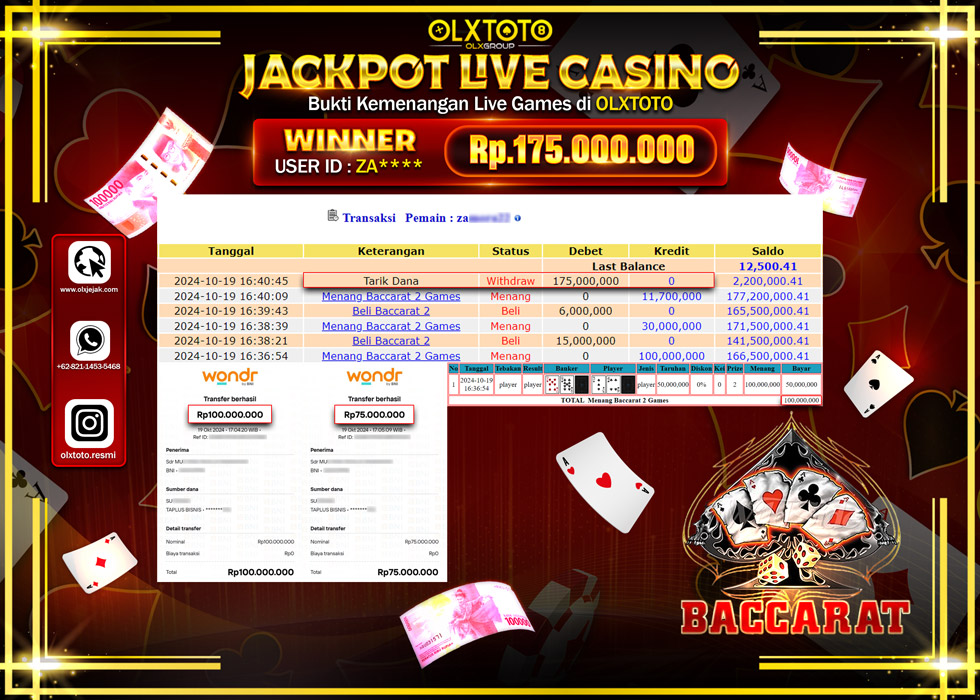 OLXTOTO JACKPOT  LIVE GAMES BACCARAT 2  Rp.175.000.000.,- LUNAS