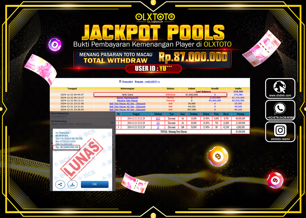 OLXTOTO JACKPOT  TOGEL POOL TOTO MACAU Rp.87.000.000.,- LUNAS